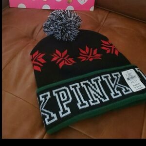 PINK Victoria's Secret Black, Red and Green Winter Hat with Pom Pom